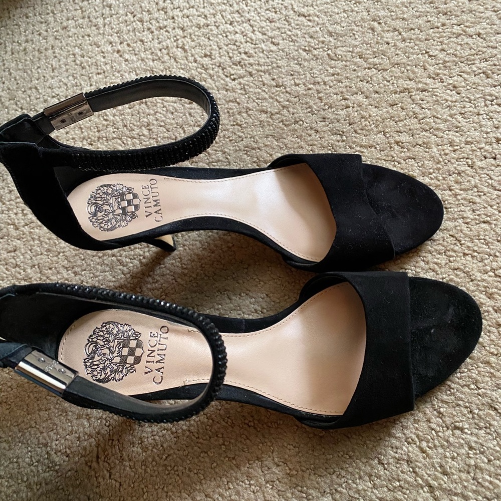 Vince Camuto black, heeled, ankle strap with crystals sandals. Size 8.5
